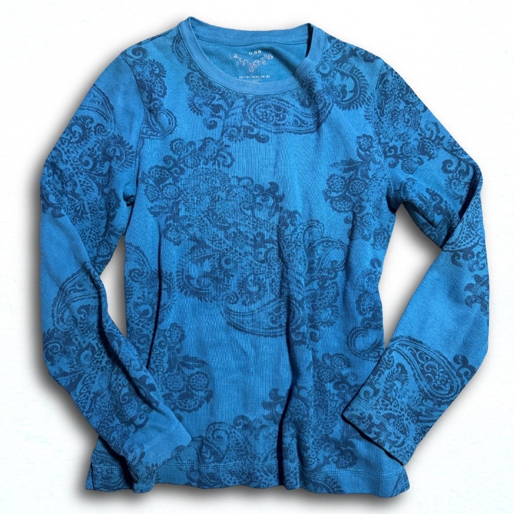 Sonoma Womens Blue Paisley Waffle Knit Thermal Long Sleeve Top Size Small